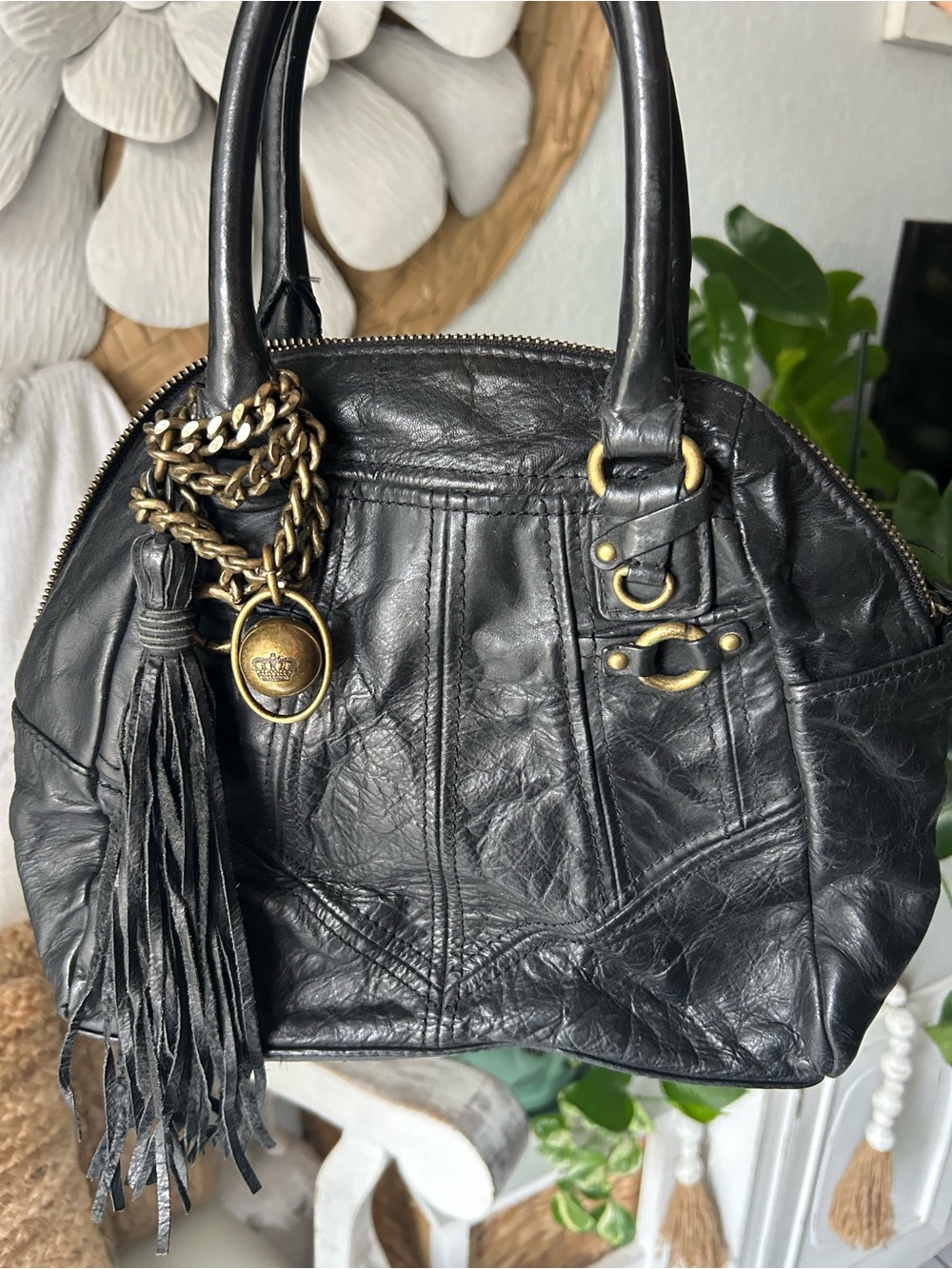 Juicy Couture Black Leather Dome Satchel with Tassel Charm